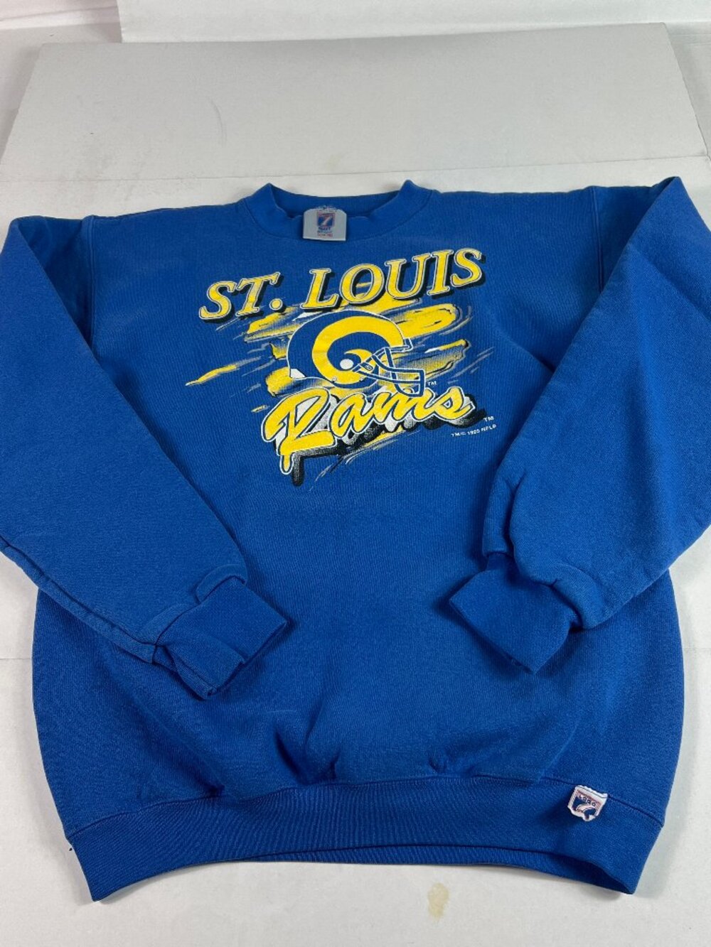 VTG 90s Logo 7 St Louis Rams Sweatshirt Youth Large Blue Faded Football Crewneck